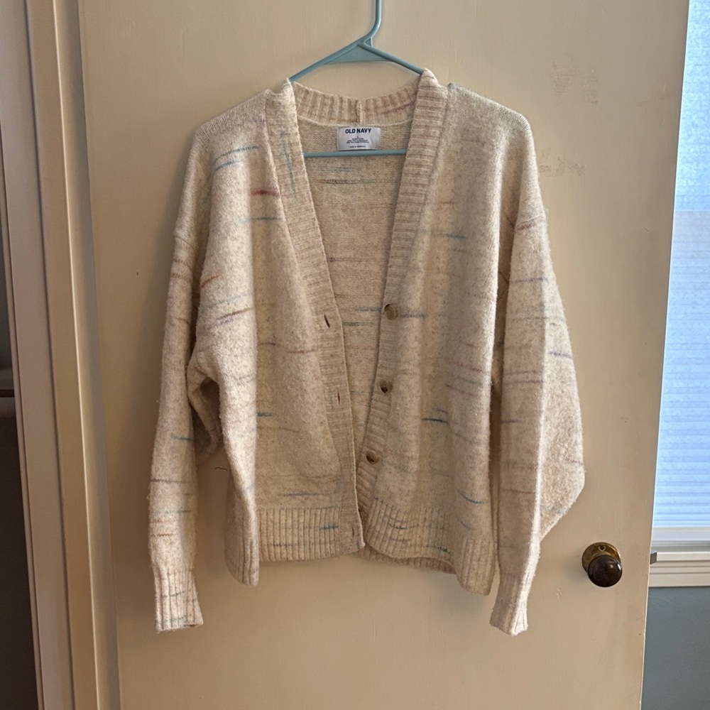 Cream Cardigan with Multicolor Pastel Stripes